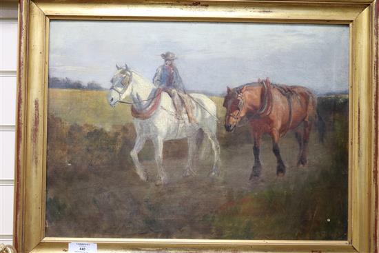 Frederick Hall (1860-1948), OILEOGRAPH, farmer returning at sunset, 40 x 55cm